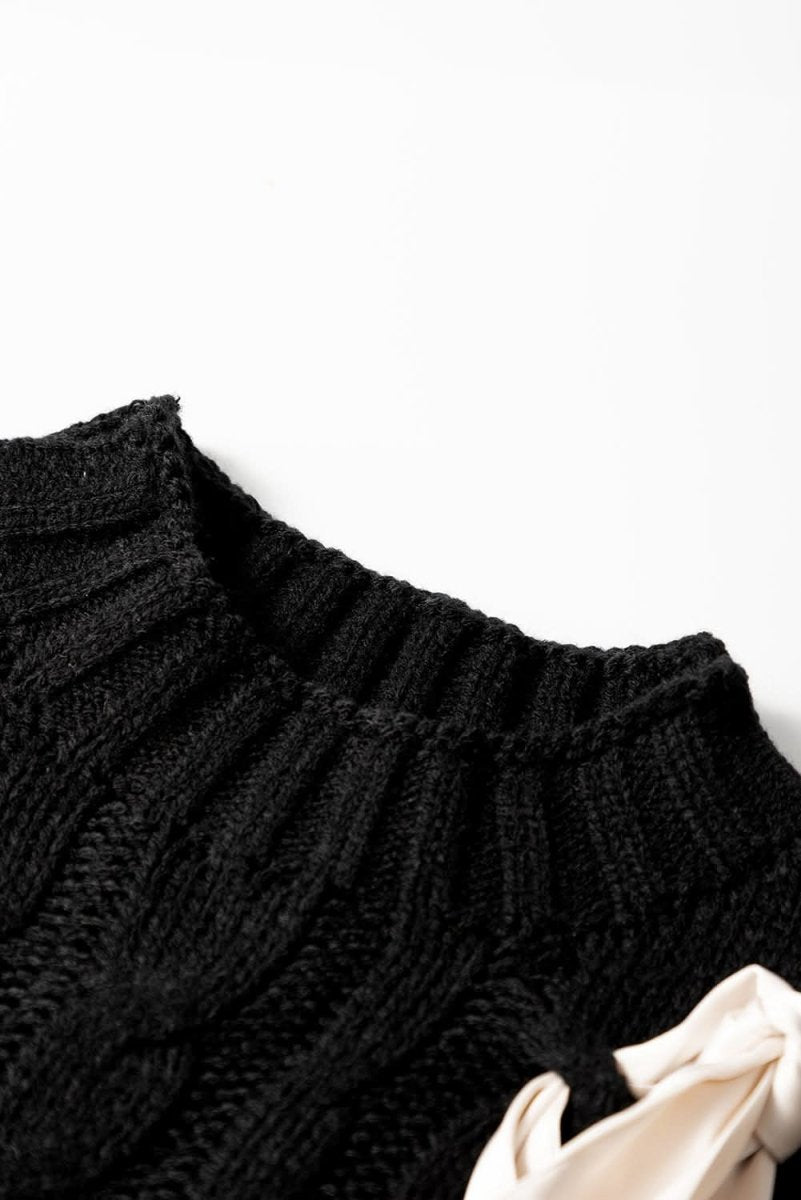 Black Cable Knit Colorblock Sweater with Satin Bowknot Details - Love Salve